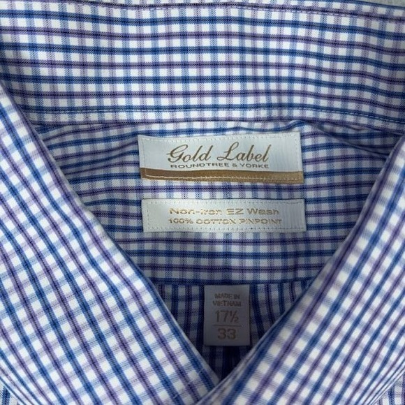 Gold Label Roundtree & Yorke Button Down Mens 17.5 33 Blue Gingham Non-Iron - Picture 3 of 6